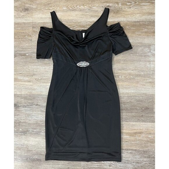 Marc Bouwer Sz 6 Black Cold Shoulder Acetate Satin Empire Waist Formal Dress - Picture 7 of 7